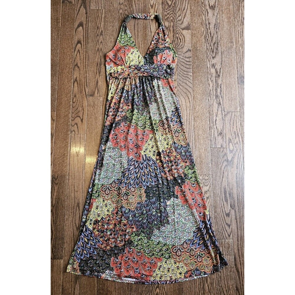 Christina Love Halter Maxi Dress Size XL NWT Multicolor Paisley Peacock Print